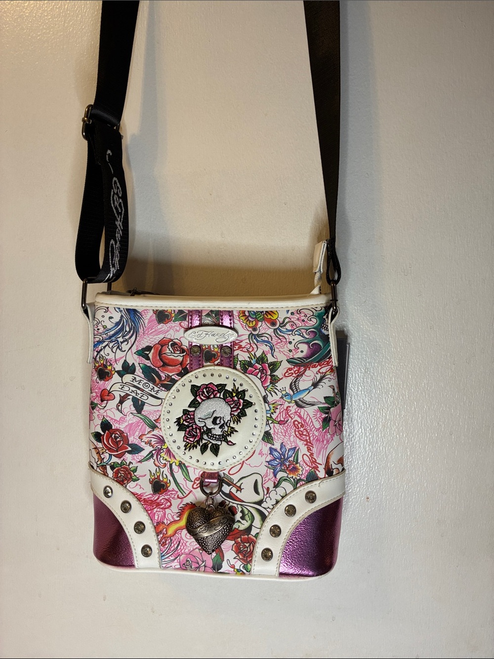 Ed Hardy Pink Floral Skull Crossbody with Metallic Purple Accents NWT